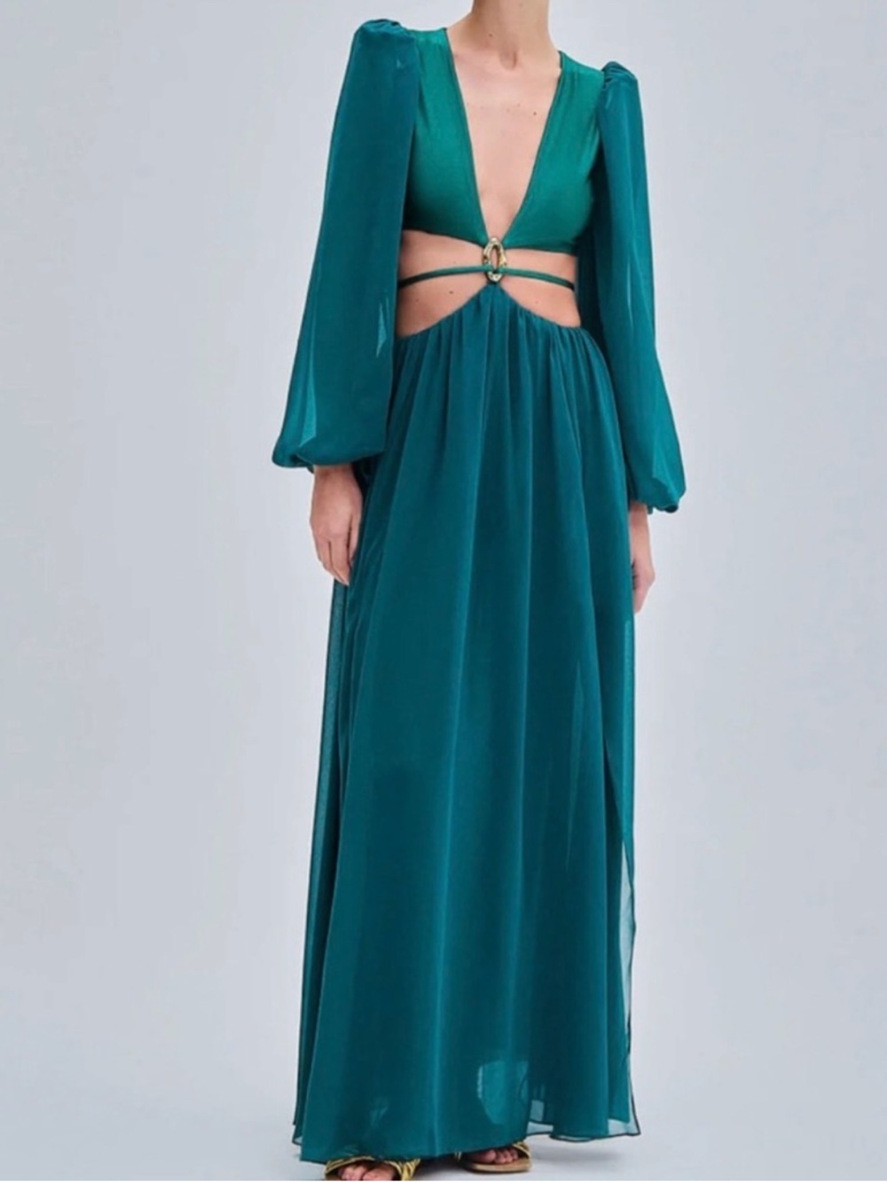 PatBO Teal Green Cutout Maxi Dress with Long Sleeves